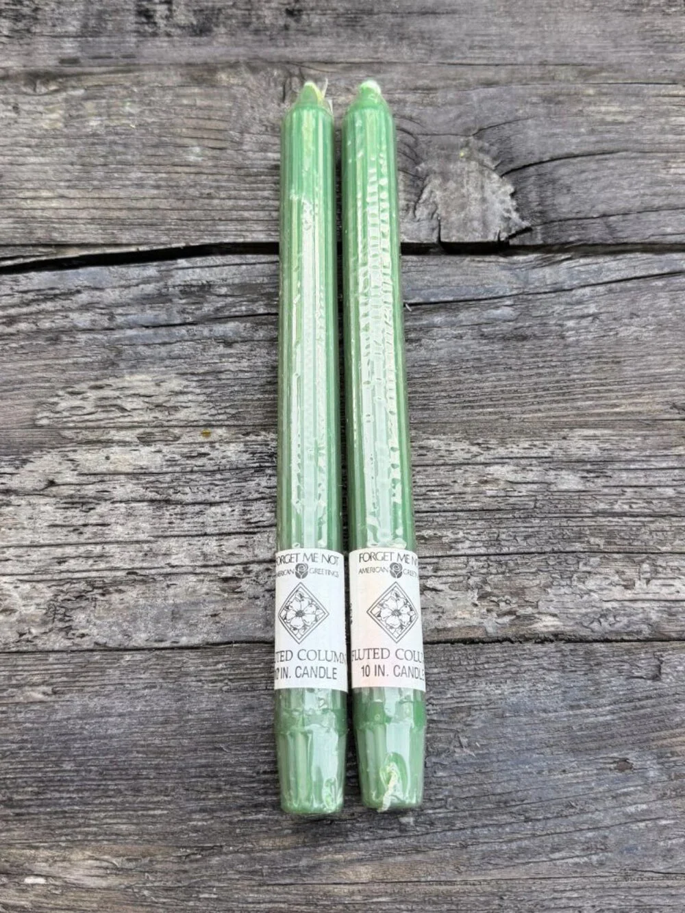 2 Vintage Green Forget Me Not American Greetings Fluted Column 10” Candlesticks